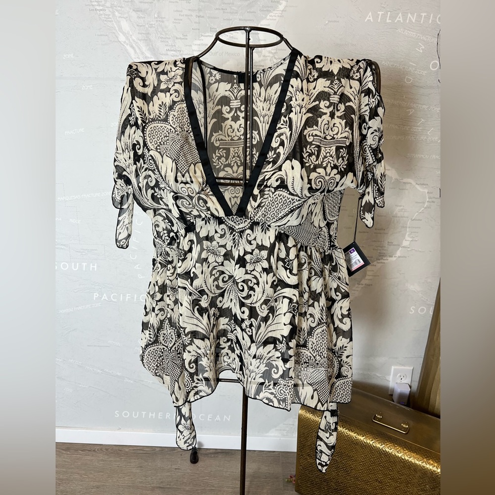 NWT Anna Sui for Target Chiffon Blouse Sheer Black Ivory design Low V Neck XL